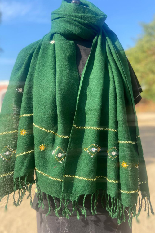 Mirror and fish Hand Embroidered green woollen stoles Buy Urmul Desert Crafts
