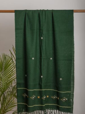 Mirror and fish Hand Embroidered green woollen stoles Buy Urmul Desert Crafts