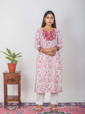Gulbarh Handblock printed and Embroidered white kurta. (3pc kurta,pant and Dupatta) Buy Urmul Desert Crafts