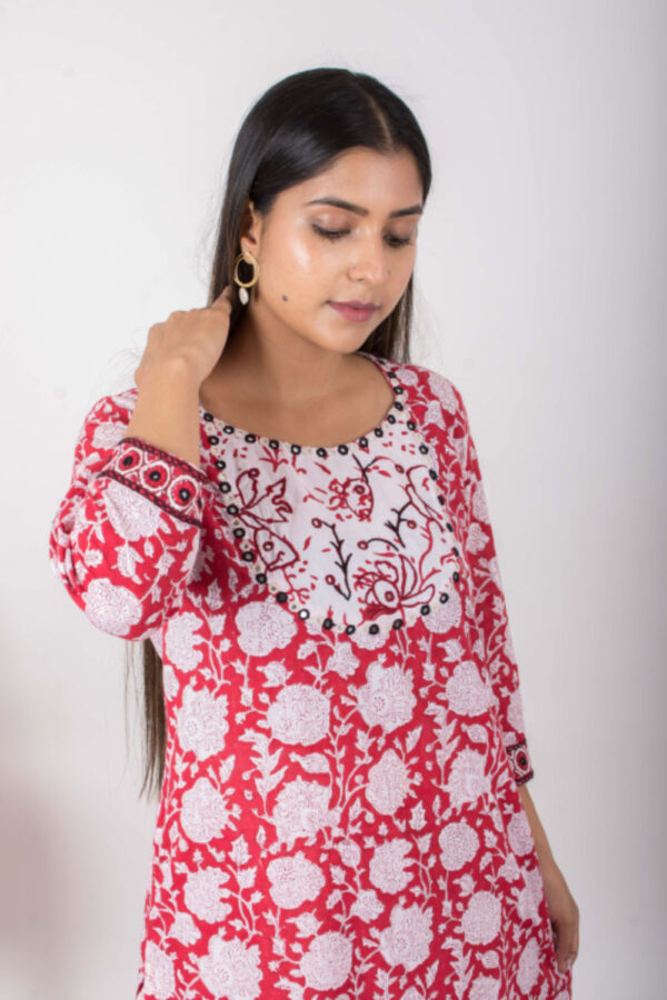 Nadira Handblock printed and Embroidered Red kurta. (2pc kurta and pant) Buy Urmul Desert Crafts