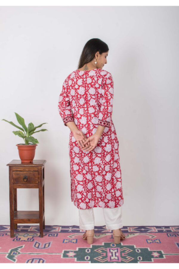 Nadira Handblock printed and Embroidered Red kurta. (2pc kurta and pant) Buy Urmul Desert Crafts
