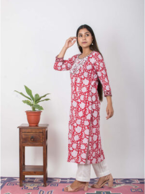 Nadira Handblock printed and Embroidered Red kurta. (2pc kurta and pant) Buy Urmul Desert Crafts
