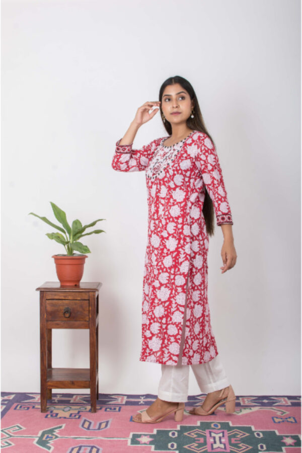Nadira Handblock printed and Embroidered Red kurta. (2pc kurta and pant) Buy Urmul Desert Crafts