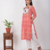 Nazim Handblock printed and Embroidered pinky orange kurta. (3pc kurta,pant and dupatta) Buy Urmul Desert Crafts