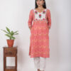 Nazim Handblock printed and Embroidered pinky orange kurta. (3pc kurta,pant and dupatta) Buy Urmul Desert Crafts