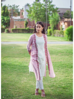 Pankhuri Handblock printed and Embroidered jacket kurti. (3pc kurta pant and slip) Buy Urmul Desert Crafts