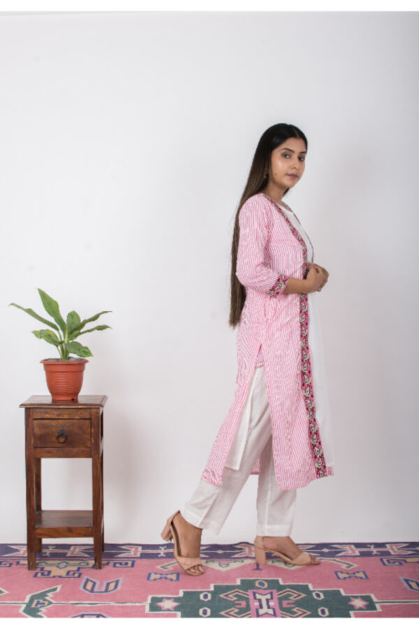 Pankhuri Handblock printed and Embroidered jacket kurti. (3pc kurta pant and slip) Buy Urmul Desert Crafts