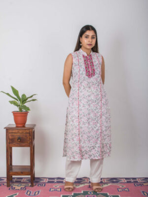 Bale Handblock printed and Embroidered white kurti Buy Urmul Desert Crafts