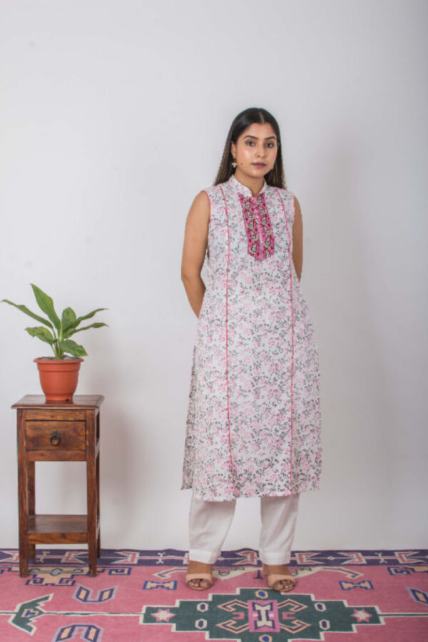 Bale Handblock printed and Embroidered white kurti Buy Urmul Desert Crafts