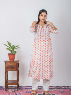 Ghazal Handblock printed and Embroidered mirror white kurta Buy Urmul Desert Crafts