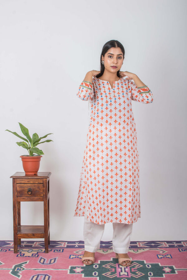 Ghazal Handblock printed and Embroidered mirror white kurta Buy Urmul Desert Crafts