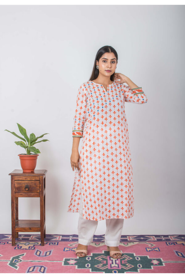 Ghazal Handblock printed and Embroidered mirror white kurta Buy Urmul Desert Crafts
