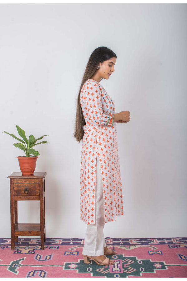 Ghazal Handblock printed and Embroidered mirror white kurta