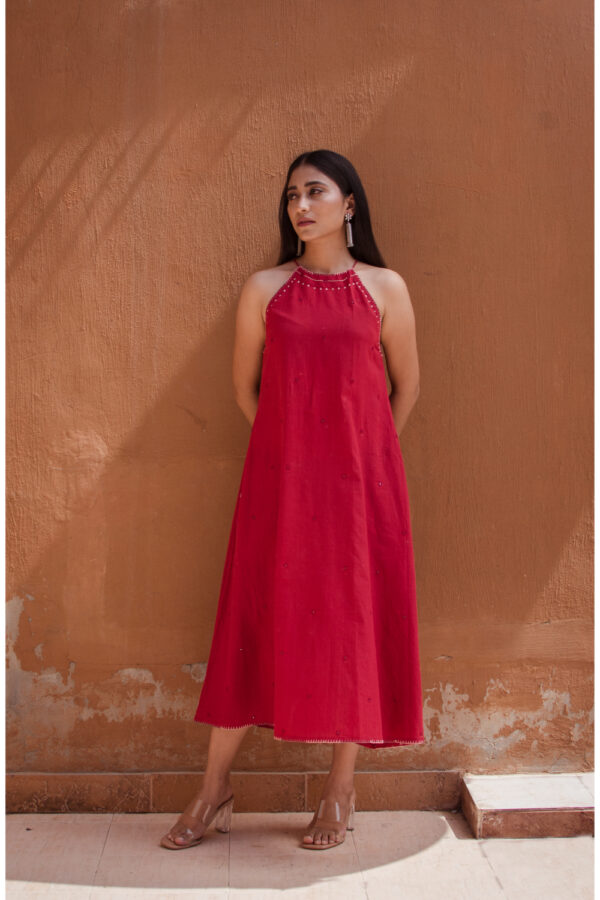 Mahjabeen Laal Ishq Cotton halter neck dress Buy Urmul Desert Crafts