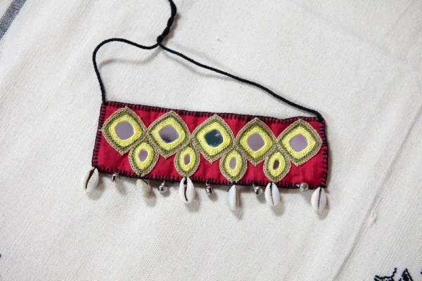 Mani hand embroidered mirror and shells neck choker Buy Urmul Desert Crafts