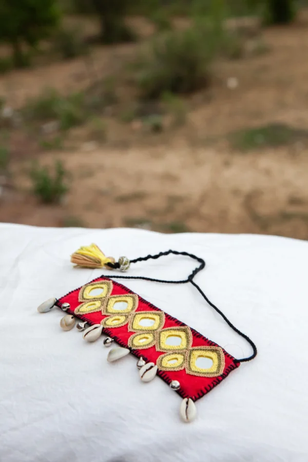 Mani hand embroidered mirror and shells neck choker Buy Urmul Desert Crafts