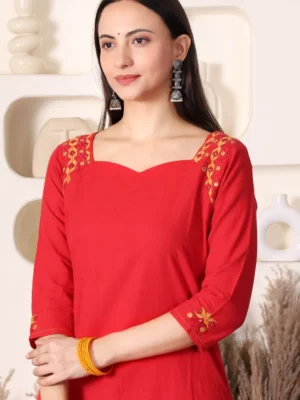 Rangu Soof Embroidery Red kurta Pant Set